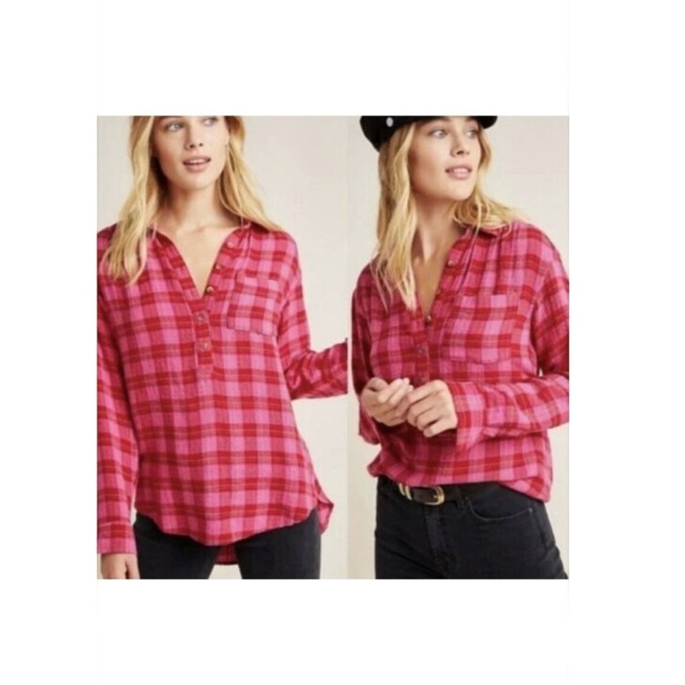 Anthropologie Isadora Women's Plaid popover Oversized‎ Button Down Top Sz XS